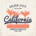 California t-shirt design with palm trees, grunge and slogan. Typography graphics for vintage tee shirt. California apparel print. Royalty Free Stock Photo